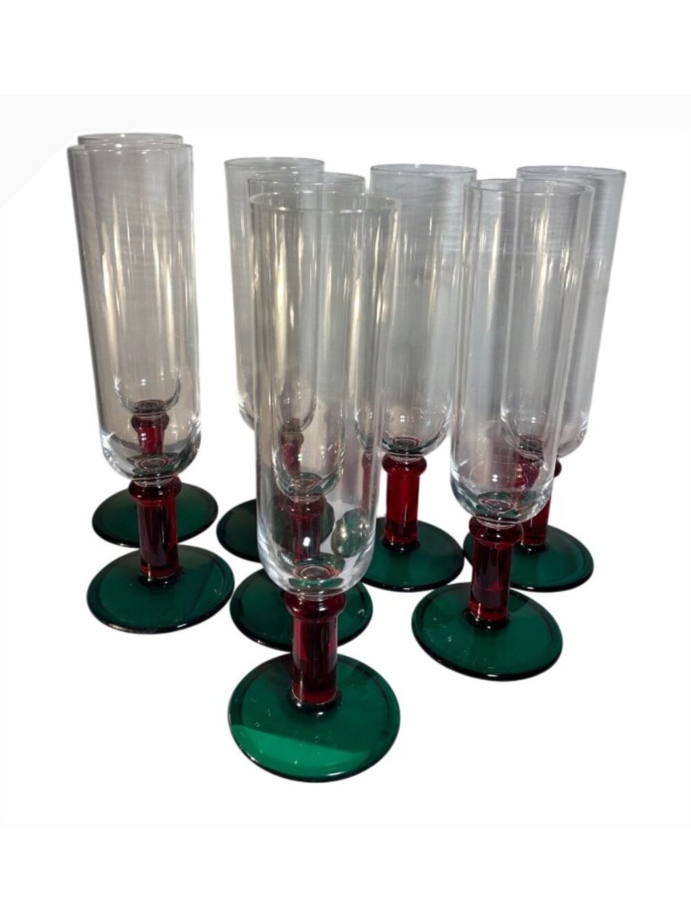 8 Acrylic Champagne Flutes Red Stem Green Base & Clear 9.5" Tall Christmas Vtg